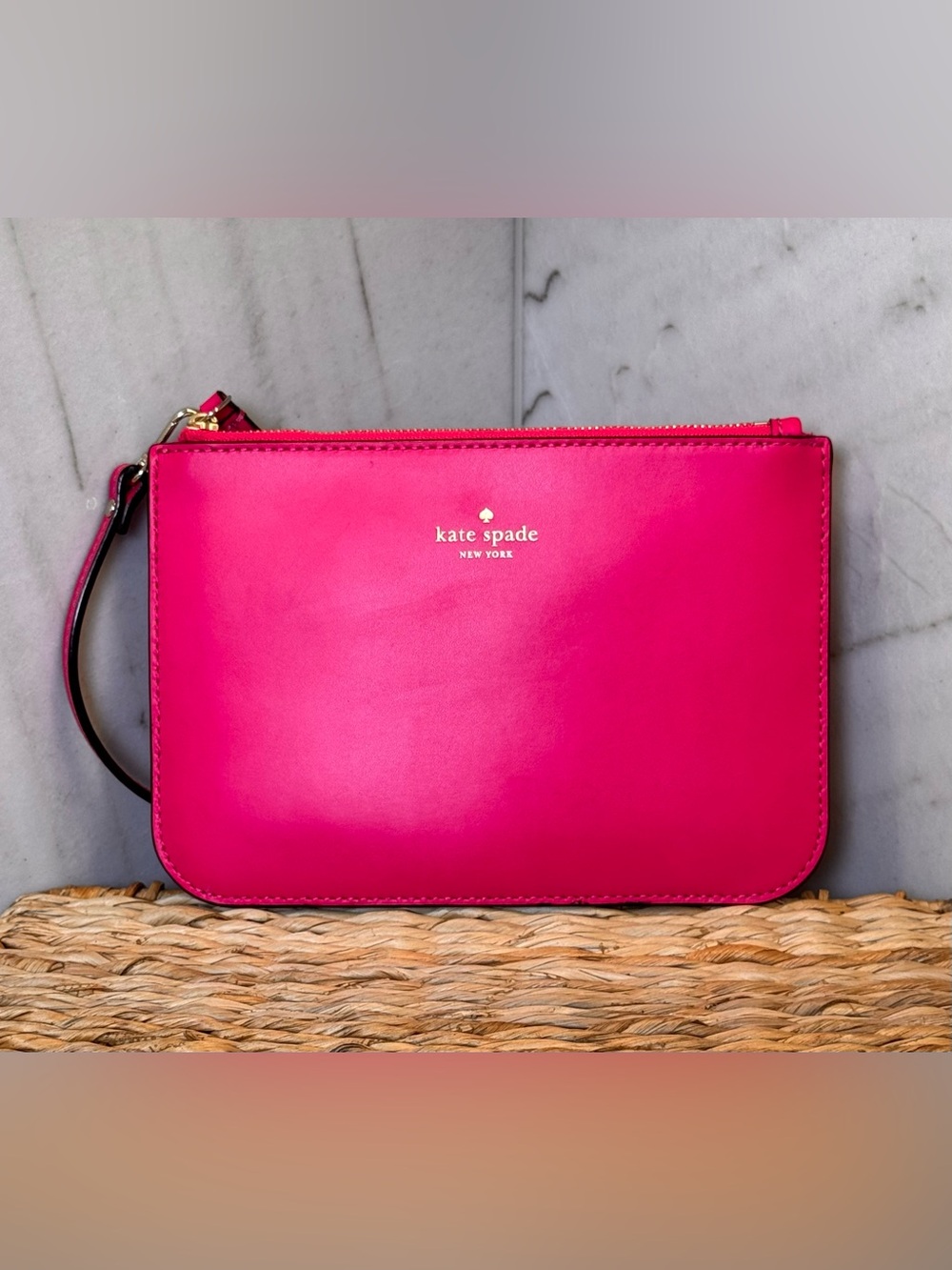 kate spade Hot Pink Leather Wristlet Pouch with Gold Logo NEW!